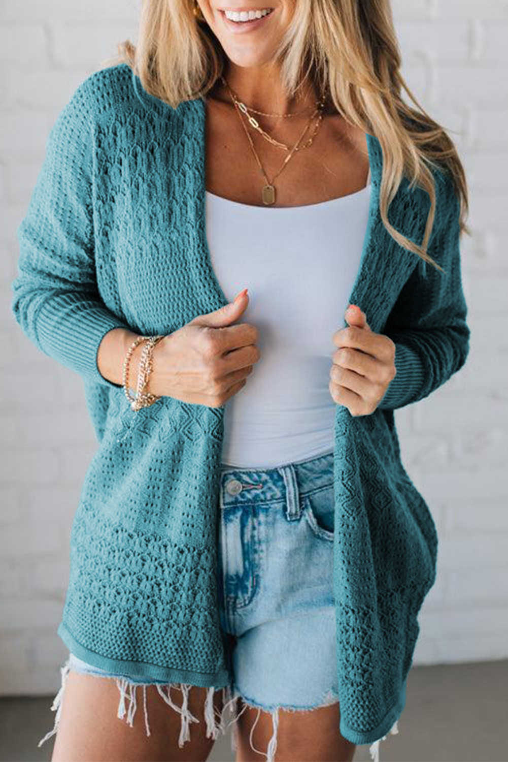 Lapis Mix Pattern Hollow Knit Open Front Cardigan