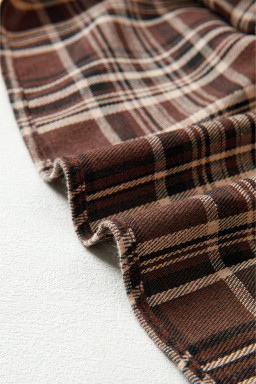 Brown Plaid Waffle Patchwork Long Sleeve Henley Hooded Top
