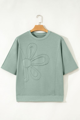 Clearly Aqua Solid Color Floral Patched Half Sleeve Tunic Top