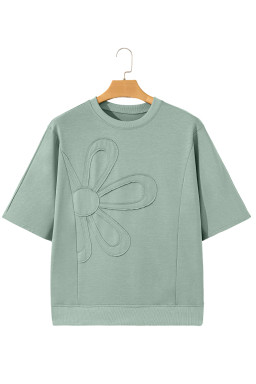 Clearly Aqua Solid Color Floral Patched Half Sleeve Tunic Top