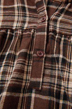 Brown Plaid Waffle Patchwork Long Sleeve Henley Hooded Top