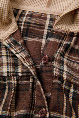 Brown Plaid Waffle Patchwork Long Sleeve Henley Hooded Top