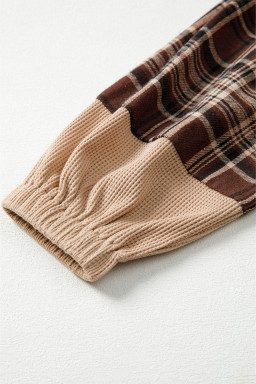 Brown Plaid Waffle Patchwork Long Sleeve Henley Hooded Top