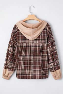 Brown Plaid Waffle Patchwork Long Sleeve Henley Hooded Top