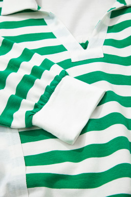 Green Striped Colorblock Patchwork Collared V Neck Cropped Pullover