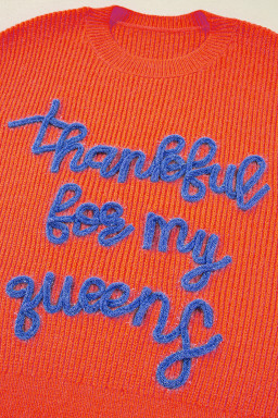 Vitality Orange Thankful for my queens Ribbed Knit Drop Shoulder Graphic Sweater