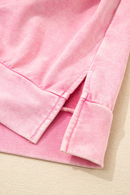 Bright Pink Mineral Wash Waffle Bow Patched Pullover Sweatshirt