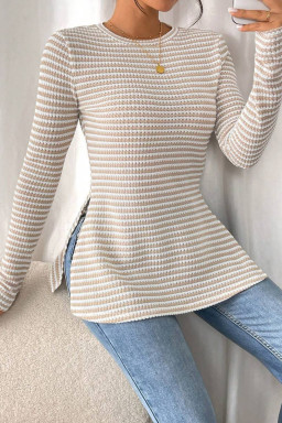 Jet Stream Striped Side Slit Round Neck Sheer Long Sleeve Top