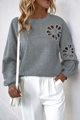 Medium Grey Pearl Decoration Hollowed Out Flower Sweatshirt