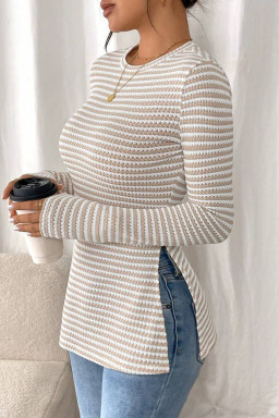Jet Stream Striped Side Slit Round Neck Sheer Long Sleeve Top