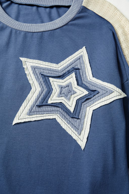 Dark Blue Knitted Colorblock Patchwork Star Patched Long Sleeve Top
