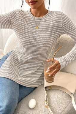 Jet Stream Striped Side Slit Round Neck Sheer Long Sleeve Top