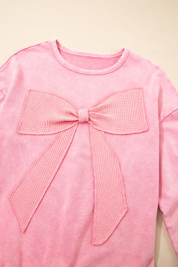 Bright Pink Mineral Wash Waffle Bow Patched Pullover Sweatshirt