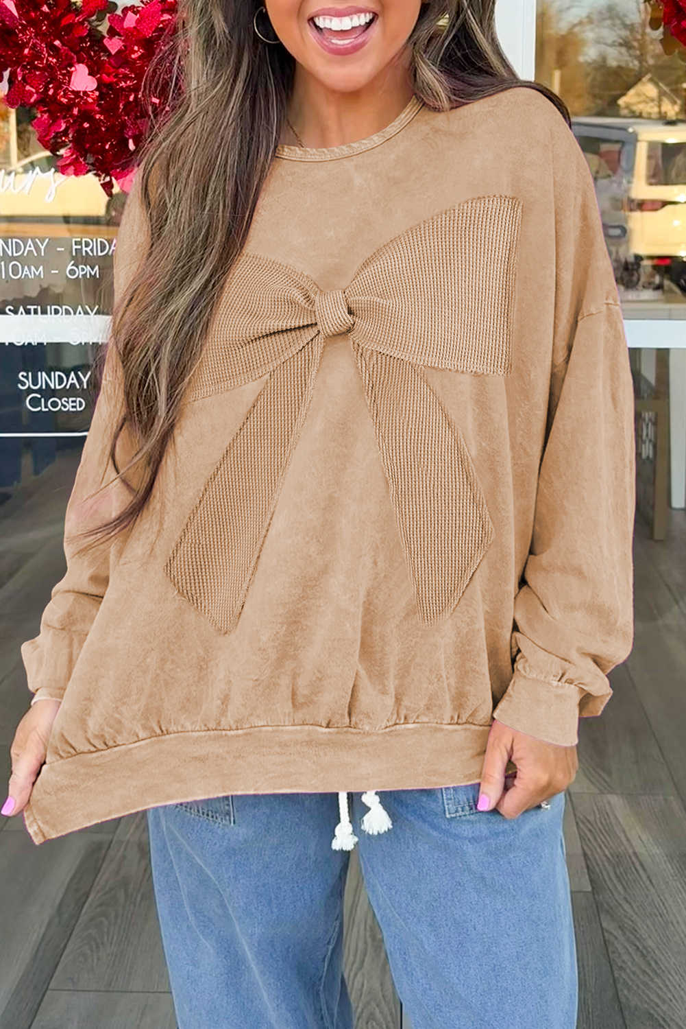 Light French Beige Mineral Wash Waffle Bow Patched Pullover Sweatshirt