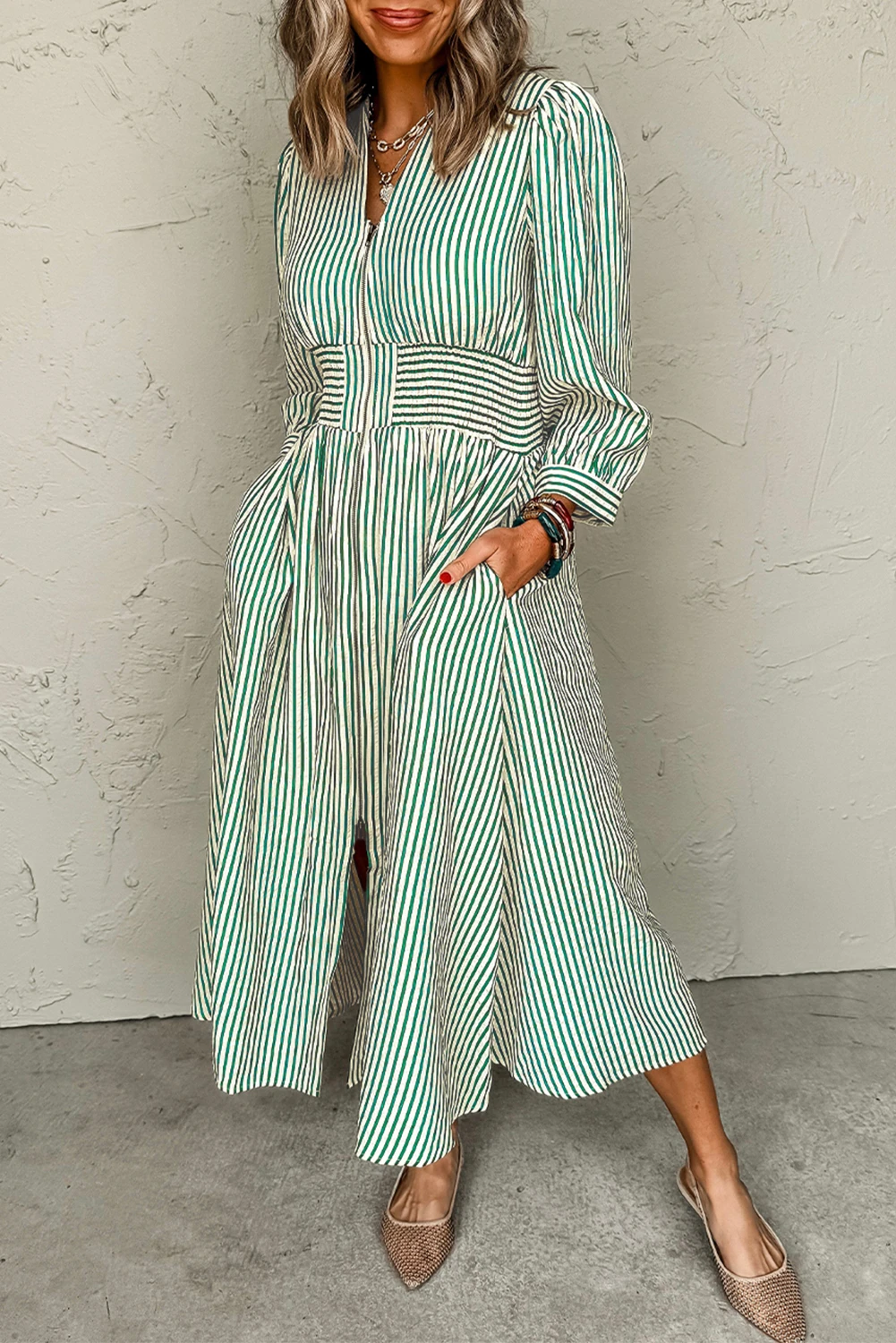 (4p. pack) Green/White Stripe V-Neck Printed Midi Dress - T-80