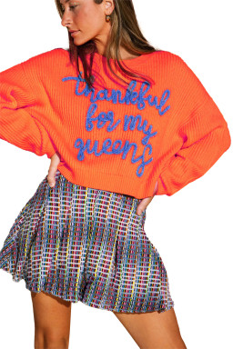 Vitality Orange Thankful for my queens Ribbed Knit Drop Shoulder Graphic Sweater