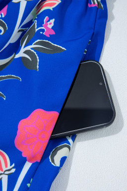 Blue Floral Print Pop of Color Neckline Long Sleeve Midi Dress