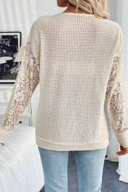Beige Waffle V Neck Patchwork Lace Sheer Long Sleeve Top
