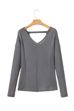 Sleet V Neck Chevron Texture Patchwork Long Sleeve Top
