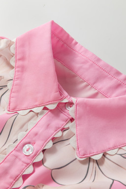 Rose Floral Print Ric Rac Trim Puff Sleeve Button Up Shirt