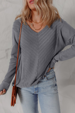 Sleet V Neck Chevron Texture Patchwork Long Sleeve Top