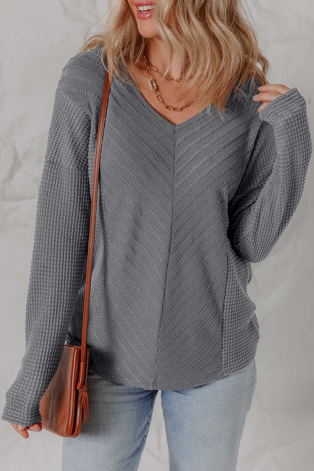 Sleet V Neck Chevron Texture Patchwork Long Sleeve Top