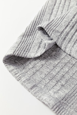 Gray Rib Texture Contrast Trim Round Neck Long Sleeve Top