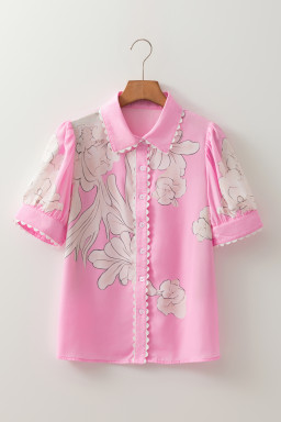 Rose Floral Print Ric Rac Trim Puff Sleeve Button Up Shirt