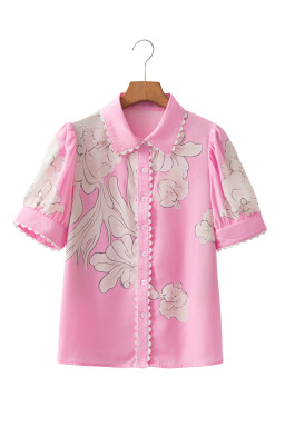 Rose Floral Print Ric Rac Trim Puff Sleeve Button Up Shirt