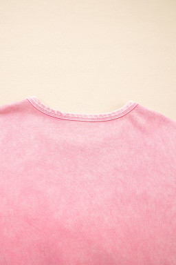 Bright Pink Mineral Wash Waffle Bow Patched Pullover Sweatshirt