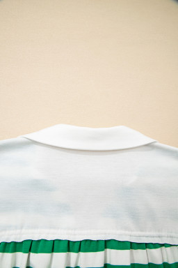 Green Striped Colorblock Patchwork Collared V Neck Cropped Pullover