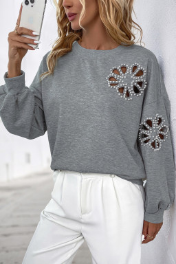 Medium Grey Pearl Decoration Hollowed Out Flower Sweatshirt