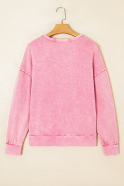 Bright Pink Mineral Wash Waffle Bow Patched Pullover Sweatshirt