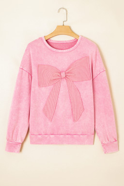 Bright Pink Mineral Wash Waffle Bow Patched Pullover Sweatshirt