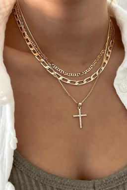 Gold Plated Cross Pendant Multi Layer Stacked Chain Necklace