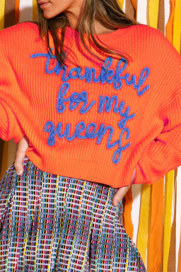 Vitality Orange Thankful for my queens Ribbed Knit Drop Shoulder Graphic Sweater