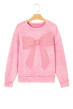 Bright Pink Mineral Wash Waffle Bow Patched Pullover Sweatshirt