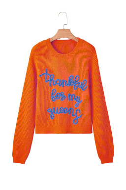 Vitality Orange Thankful for my queens Ribbed Knit Drop Shoulder Graphic Sweater