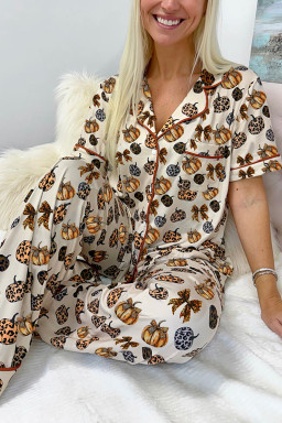 Beige Leopard Pumpkin Allover Print Pajama Set