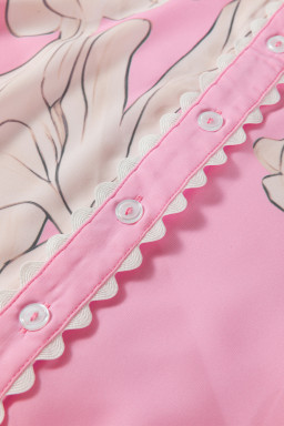 Rose Floral Print Ric Rac Trim Puff Sleeve Button Up Shirt