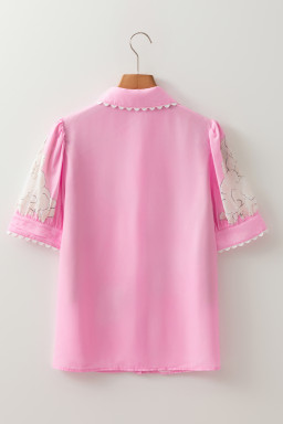 Rose Floral Print Ric Rac Trim Puff Sleeve Button Up Shirt