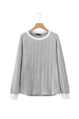 Gray Rib Texture Contrast Trim Round Neck Long Sleeve Top