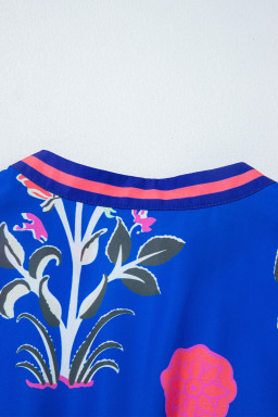 Blue Floral Print Pop of Color Neckline Long Sleeve Midi Dress