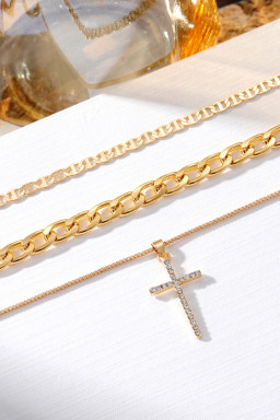Gold Plated Cross Pendant Multi Layer Stacked Chain Necklace