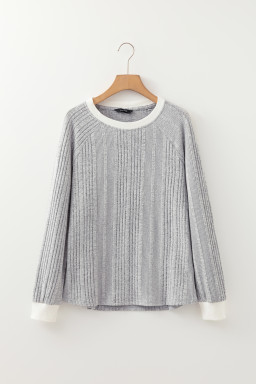 Gray Rib Texture Contrast Trim Round Neck Long Sleeve Top