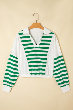 Green Striped Colorblock Patchwork Collared V Neck Cropped Pullover