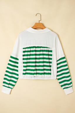 Green Striped Colorblock Patchwork Collared V Neck Cropped Pullover