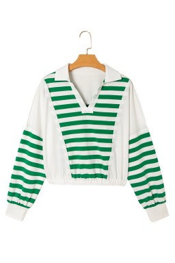 Green Striped Colorblock Patchwork Collared V Neck Cropped Pullover