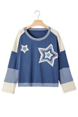 Dark Blue Knitted Colorblock Patchwork Star Patched Long Sleeve Top