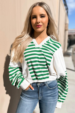 Green Striped Colorblock Patchwork Collared V Neck Cropped Pullover